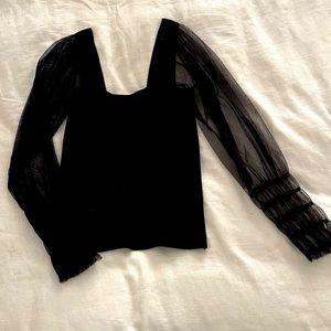 Square neck top with mesh sleeves